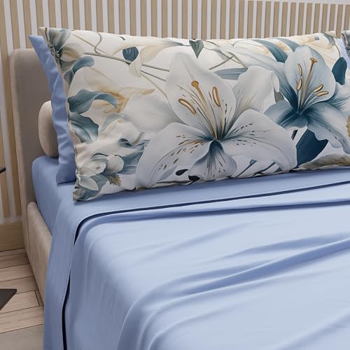 PETTI Artigiani Italiani - Double Bed Sheets Cotton with Pillowcases in Digital Print, Double Bed Sheet Floral Pattern 31 Light Blue, 100% Made in Italy