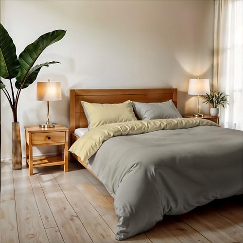 Double Duvet Cover, Plain Double Face, Vera Bed Linen Set with Duvet Cover 250 x 200 cm with Envelope 20 x 50 cm + 2 Pillowcases 50 x 80 cm, Light Grey/Ecru