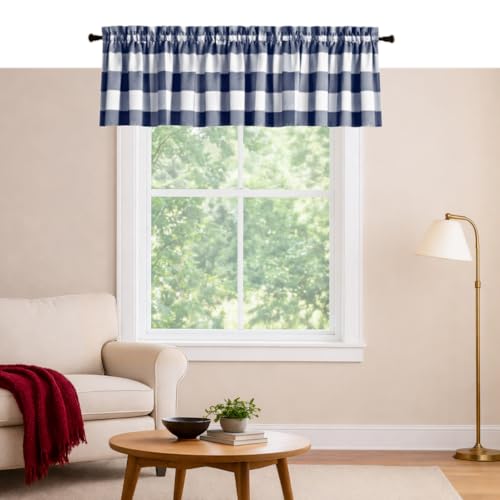 Softopia Cotton Navy Buffalo Check Window Valance Curtains 2 Pack, 54x18 Inch Rod Pocket Farmhouse Kitchen Valances for Living Room, Dining Area, Bathroom, Country Style D??cor, Navy Blue and White