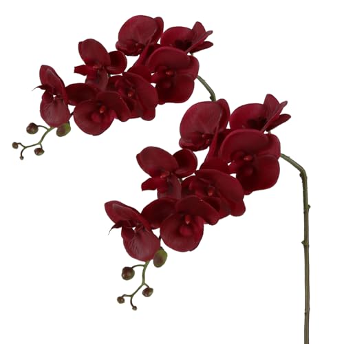 "IPOPU Red Orchid Artificial Flowers 35.4"" Real Touch Fake Orchid Latex Dark Red Flowers Phalaenopsis Branches for Home Party Wedding Bridal Shower Decoration, 2pcs Red"