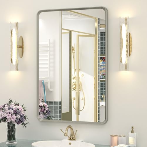 OKPAL Brushed Nickel Mirror 24 x 36 Silver Bathroom Mirror, Rounded Rectangle Silver Vanity Mirror with Brushed Metal Frame, HD Anti-Rust Wall Mirror(Horizontal/Vertical)