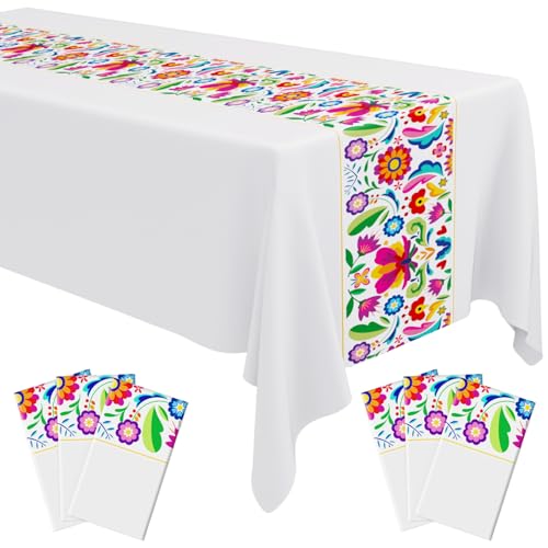 Oudain Fiesta Tablecloth 108 x 54 Inch Plastic Tablecover Mexican Waterproof Tablecloth Disposable Table Cover for Taco Night Festive Mexican Fiesta Wedding Party Decoration (White 2,6 Pcs)