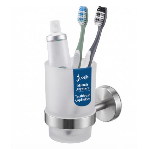 Joeji's Kitchen Stainless Steel Toothbrush Holder - Frosted Glass Cup - Wall Mounted
