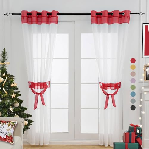 L.Z.E Red and White Sheer Curtains 63 Inch Length 2 Panels for Living Room Dining Room, Transparent Elegant Window Drapes for Home Decor, Short Small Curtain with Tiebacks Grommet Top