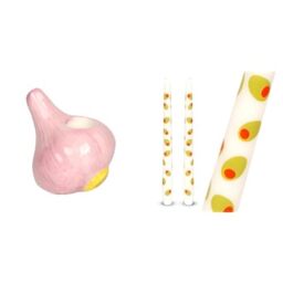 Garlic Ceramic Candle Holder & Olive Design Tapered Dinner Candles Bundle