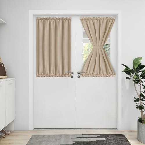Easy-Going Blackout Door Curtains 1 Panel, 52x40 inch, Beige - Rod Pocket Privacy Light Filtering Sidelight Curtains French Door Curtains with Tieback