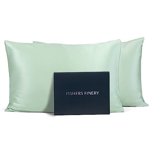 Fishers Finery 25mm 100% Pure Mulberry Silk Pillowcase (Light Green Queen 2 Pack)