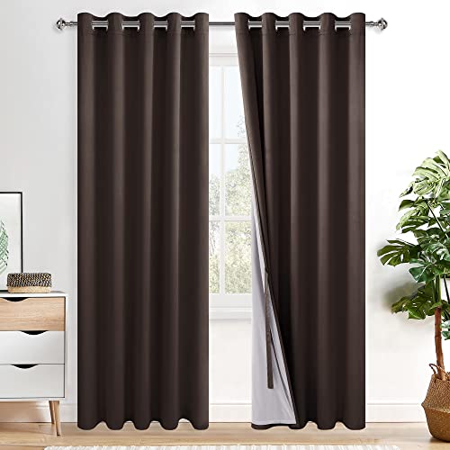 XWZO 100% Blackout Curtains 84 Inches Length with Tiebacks- Full Shade Window Drapes Thermal Insulated Double Layer with Black Liner for Bedroom/Living Room, Grommet Top, Brown, W60 x L84, Set of 2