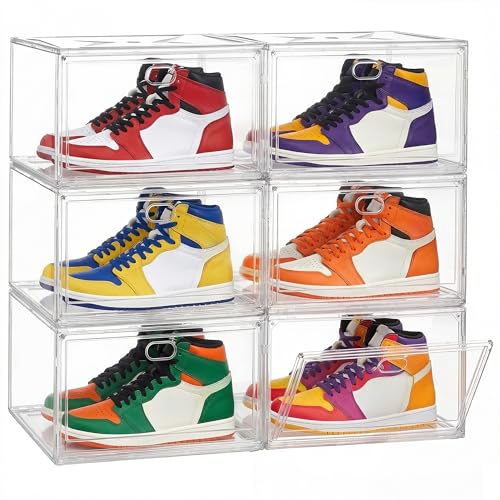 SONGMICS Clear Stackable Shoe Boxes, Fits Shoes up to UK Size 13, Set of 6 - PET Plastic with Magnetic Door, Transparent, Stackable, Ventilated, Easy Assembly, DENNYS Collection LSP706WH01