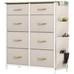 YITAHOME Chest of Drawers, Dresser with side pockets & hooks, Fabric 8 Drawers with Handles, Metal Frame, Wood Top, for Bedroom,Living Room,Hallway, Beige