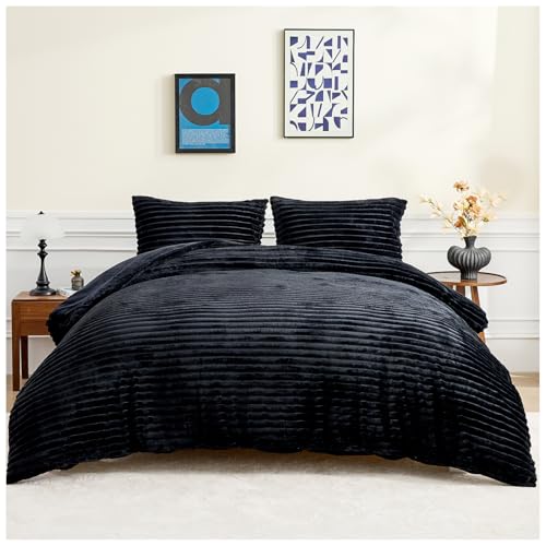 GC GAVENO CAVAILIA Ribbed Fleece Duvet Set With Pillow Cases - Thermal Warm Cozy Winter Bedding Double Duvet Cover Set 200x200 Cm - Hypoallergenic, Washable Polyester Quilt Cover Bed Sets, Black