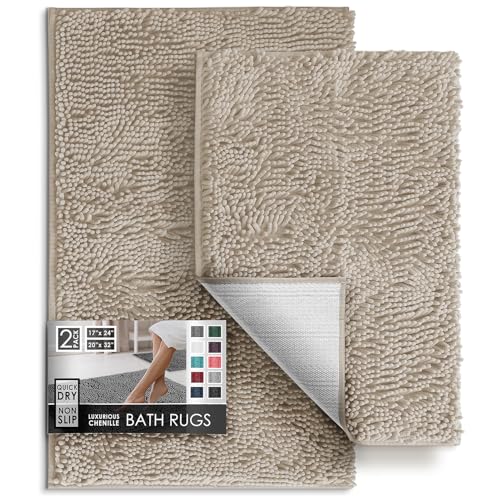 Hearth & Harbor Chenille Bath Mat - Machine Washable, Non-Slip Backing, Quick Dry, Small - Medium Hunter Green, 17x24 & 20x32 inches