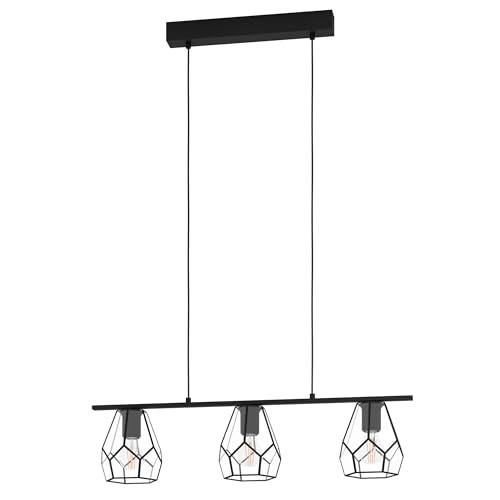 Eglo Pendant Lighting Mardyke, 3 Bulb Industrial Ceiling Light Fitting Made of Clear Glass and Black Metal, Hanging lamp for Dining and Living Room, E27 Socket