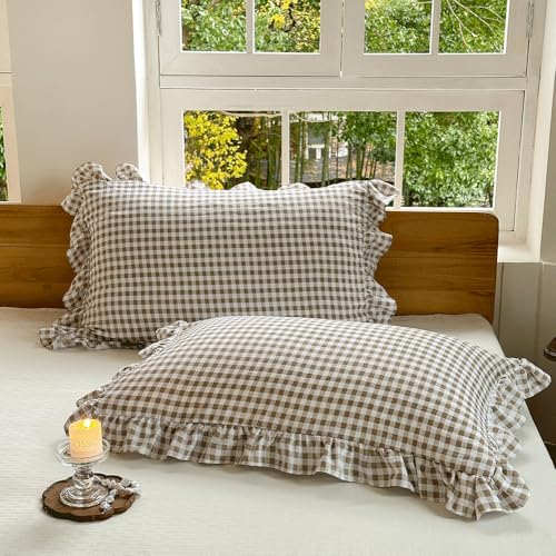 "NSNLGSGC Tan Ruffled Plaid Gingham King Size Pillow Shams 20""x36"", Set of 2 Taupe Checked Pre-Washed Microfiber Farmhouse Pillowcases for Bed/Sofa (20""x36"", Tan Gingham)"