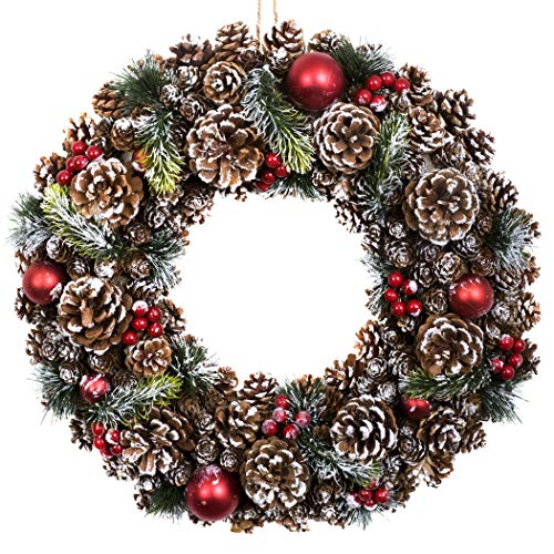 GreenBrokers Christmas Hanging Wreath 48cm - Festive Pine Cone Display with White Frosting