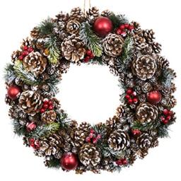 GreenBrokers Premium Quality Christmas Hanging Wreath 48cm - Festive Pine Cone Display with White Frosting