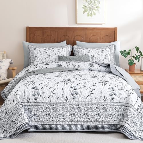 "WONGS BEDDING Floral Quilt Set Queen Size,Grey Bedspread Set with 2 Pillowcases,Microfiber Lightweight Flowers Botanical Coverlet Sets Farmhouse Bed Cover Bedding Sets for All Seasons (96""x90"")"