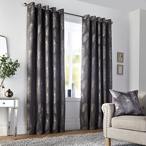 "Curtina - Slate Grey Peacock Curtains W66 x L54"" (168 x 137cm) - Dark Grey Bird Feather Eyelet Drapes for Living Room/Bedroom - Luxury Peacock Feather Design"