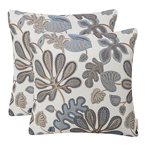 Mika Home Set of 2 Jacquard Tropical Leaf Pattern Throw Pillow Covers Decorative Pillowcase 22X22 Inches,Blue Cream