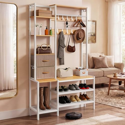 YITAHOME Clothes Rack Coat Stand with Shoe Rack, Hallway Storage Unit, Oak