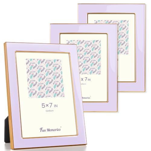 Fun Memories 5x7 Picture Frame - 3pcs Purple Enamel Glass Photo Frame with Gold Metal Edge & Easel for Display Picture Frame on Countertops, Tabletops, Bookshelves, Desks, Walls (Purple/Gold)