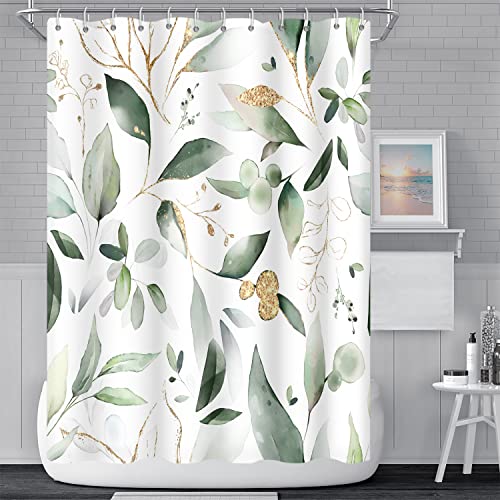 Umpoo Abstract Eucalyptus Leaves Shower Curtains Sage Green Gold Branches Leaf Nature for Bathroom Farmhouse Style Home Decor Waterproof Polyester Fabric Shower Curtain with Hooks, 69x70 Inch