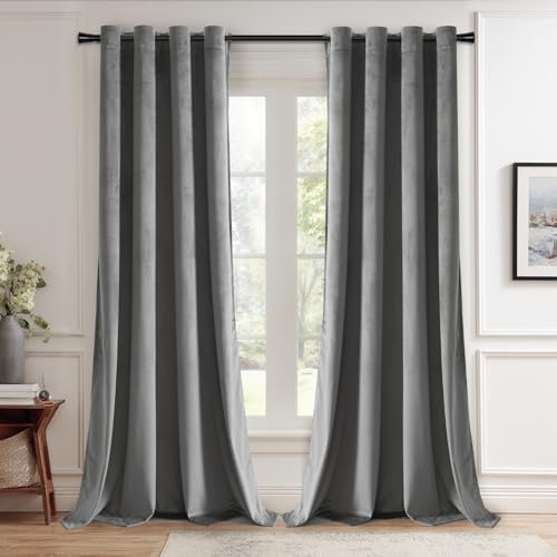 JIUZHEN Grey Velvet Curtains 84 inches - Thermal Insulated Room Darkening Grommet Thick Velvet Window Drapes for Bedroom/Living Room, Set of 2 with Tiebacks, W52 x L84