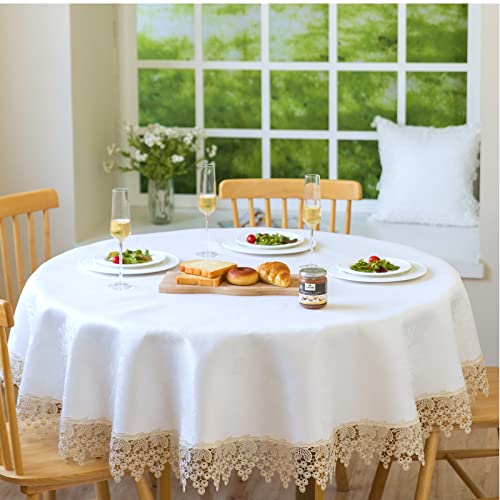 BrekSdat Beige lace Premium Round Farmhouse Tablecloth Waterproof OilProof SpillProof AntiShrink Soft Wrinkle Resistant Decorative Fabric Table Cover Kitchen Dinning Party Wedding Banquet