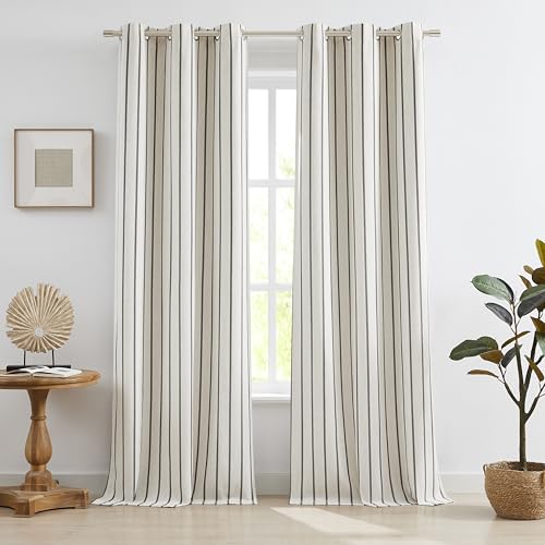 "Bapawfish Black Striped Full Blackout Bedroom Curtains 84 Inches Length - Woven Stripes on Beige Linen Blend Drapes with Liner,Energy Efficient Modern Window Treatment,Grommet,Black/Beige,40""Wx84""Lx2"