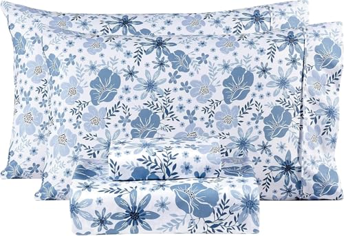 Mooreeke Twin Size Sheets Set - 3 Piece Soft Breathable Microfiber Bed Sheet Set - Blue & White Flower Pattern Sheet Set Full - Deep Pocket Non-Slip Floral Fitted Sheet Included for All Season