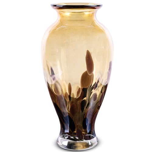 "oliruim 11.8"" Tall Blown Amber Gold Glass Vase, Amber Opaque Glass Vase, Unique Design Wide Mouth Art Decoration for Home, Living Room, Dining Table, Pampas Grass Decor (Amber Gold)"