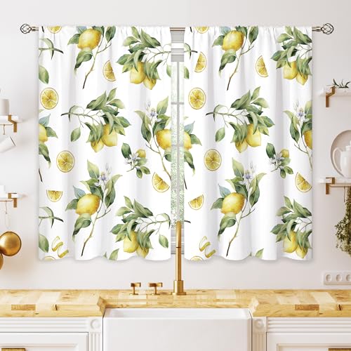 oolygoo Lemon Fruit Small Kitchen Curtains Green Yellow Leaf Summer Window Treatment Tropical Cafe Short Window Curtains for Bathroom Dining Laundry Room Floral Flower Treatment Drapes 27.5x39 inch