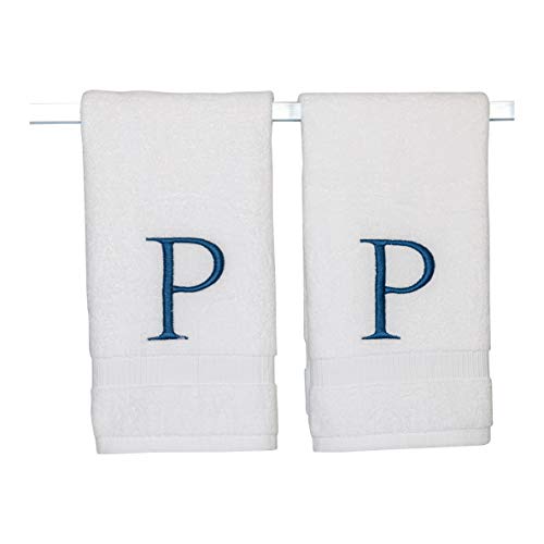 White with Navy Monogrammed Hand Towels for Bathroom - Set of 2 Letter P - Luxury Hotel Quality Initial Towels For Powder Room, Spa, GOTS Organic Certified