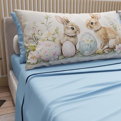 PETTI Artigiani Italiani - Easter Cotton Sheets with Pillowcases in Digital Print, Double Maxi, Complete Top and Bottom Sheet with Corners, 25 Light Blue, Made in Italy