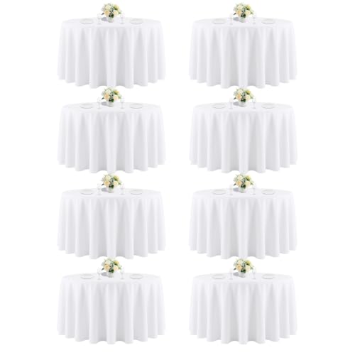 CKIKU 120 Inch White Round Tablecloth, 8 Pack - Wrinkle Resistant, For 4Ft-7Ft Round Table, Polyester Fabric, Washable Table Cloth, For Dining Wedding Party Buffet