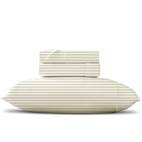 TEXAS LINEN CO. Pure Egyptian Cotton Beige Twin Stripe Sheet Set (Twin Bed Sheets, 600 Thread Count) Bedding Sheets & Pillowcases (3 Pc) ??? Bed Sheets Twin - Sateen Weave Sheets - 16??? Cotton Sheets