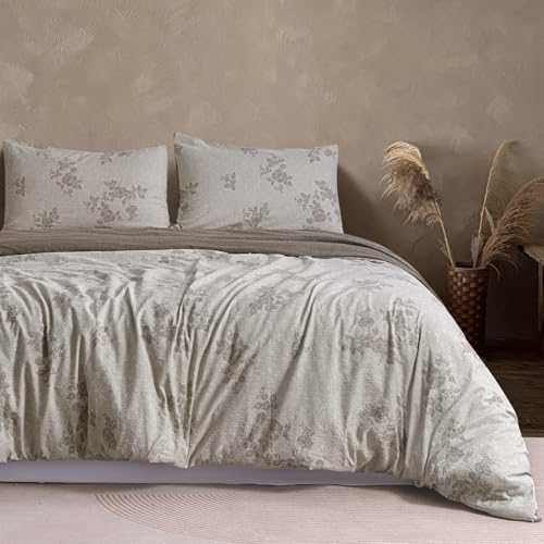Colourful Snail Vintage Reversible Floral Duvet Cover Set, 100% Washed Microfiber Linen-Feel 3-Piece Bedding, Elegant Printed Rose Pattern, Extra Soft, Durable & Comfortable, Light Taupe, Twin