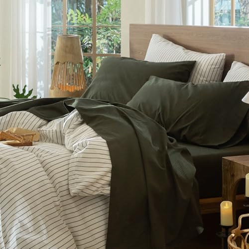 MOOMEE Bedding Sheet Set 100% Washed Cotton Linen Like Textured Breathable Durable Soft Comfy (Olive Green, Queen)