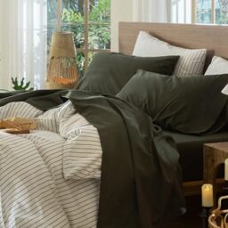 MOOMEE Bedding Sheet Set 100% Washed Cotton Linen Like Textured Breathable Durable Soft Comfy (Olive Green, Queen)