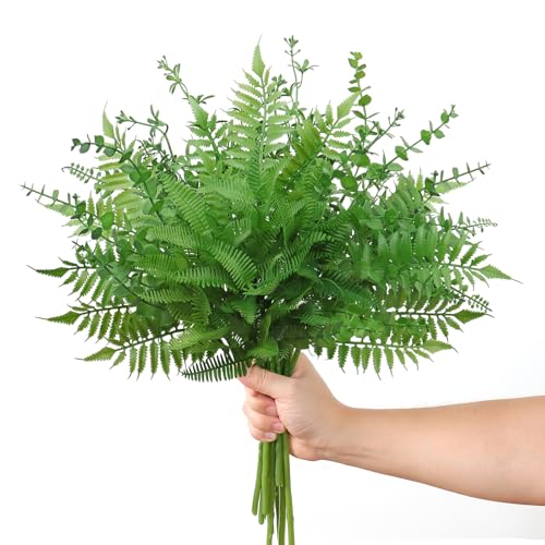 Betylifoy Mixed Eucalyptus Leaves Stems 12PCS, Artificial Greenery Stems Faux Fern Branches Fake Boston Greenery Plant for Vase Wedding Floral Arrangement Decor (Green)