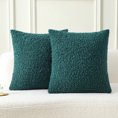 FUTEI Pack of 2 Faux Fur Teddy Boucle Pillow Covers 18x18 Inch, Dark Green - Soft Fluffy Decorative Textured Neutral Pillow Covers, Machine Washable,Accent Solid Couch Pillows Sofa Bed Home Living Room