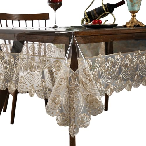 Fhberni Waterproof PVC Tablecloth - Heavy Duty Clear Vinyl Table Cover Protector for Dining Tables - Thick Reusable Plastic Rectangle Champagne Table Cover - 60x106 Inches