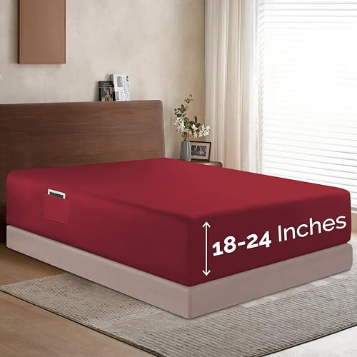 Elegant Comfort 1500 Premium Hotel Quality 18-24 Inches Deep - Extra Deep Pocket Single Fitted Sheet for High Mattress, Luxury and Softest, Smart Pocket - Wrinkle Free, Queen, Burgundy
