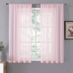 Tollpiz Short Sheer Curtains Linen Textured Living Room Curtain Sheers Light Filtering Rod Pocket Voile Curtains for Bedroom, 42 x 45 inches Long, Pink, Set of 2 Panels