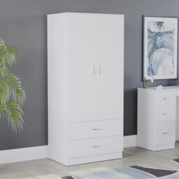 Vida Designs Riano 2 Door & 2 Drawer Wardrobe - White - Bedroom Furniture - 170H x 76W x 53D cm - with Shelf & Hanging Rail - Large Capacity Storage