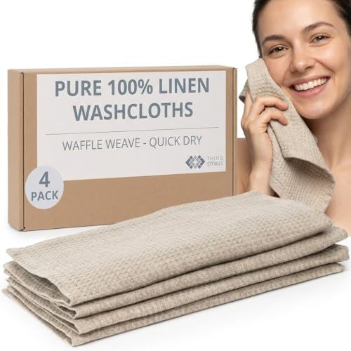 Thing Stories Bathroom Wafer Cloths Clean 100% Linen 4 Pack 25 x 25 cm Linen Face Wipes Waffle Fabric Exfoliating Face Towel for Women 4 Pieces