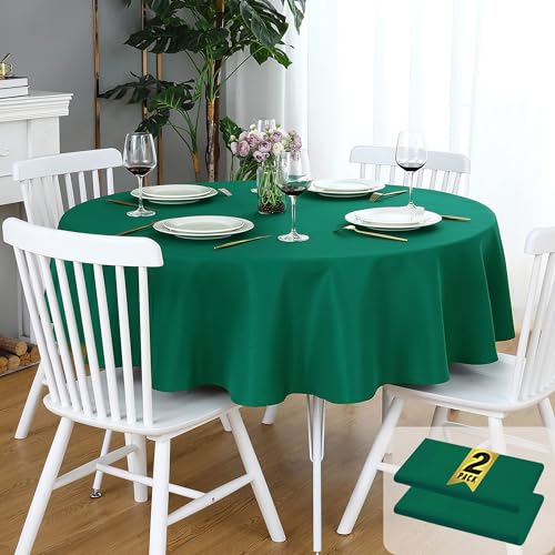 FOLINS&HOME 2 Pack Green Round Tablecloth - 60 Inch Waterproof 210 GSM Wrinkle Free Polyester Circle Table Cloth, Spillproof Washable Wipeable Table Cover for Party, Wedding, Dining (2 Pcs)
