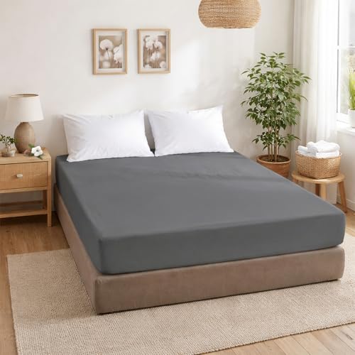 ECOMMERC3 Fitted Sheet for 105 cm Bed, 100% Cotton, Soft, Breathable and Adjustable, Anthracite for Mattresses up to 30 cm in Height