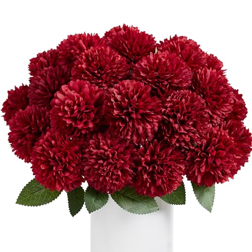 SITUMEIZI 12 Pcs Burgundy Flower Artificial Chrysanthemums Flowers Ball Flower Fake Mums Silk for Halloween Thanksgiving Day Fall Wedding Home Decoration Floral Arrangement