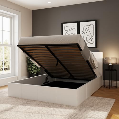 GFW End Lift Small Double White Upholstered Fabric Ottoman Bed Frame, Storage Bed with Hydraulic Lift and Stitched Headboard